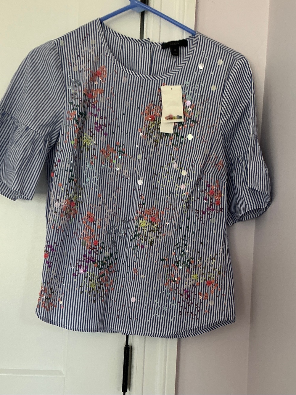 J. Crew Blue and White Striped Floral Sequin Blouse